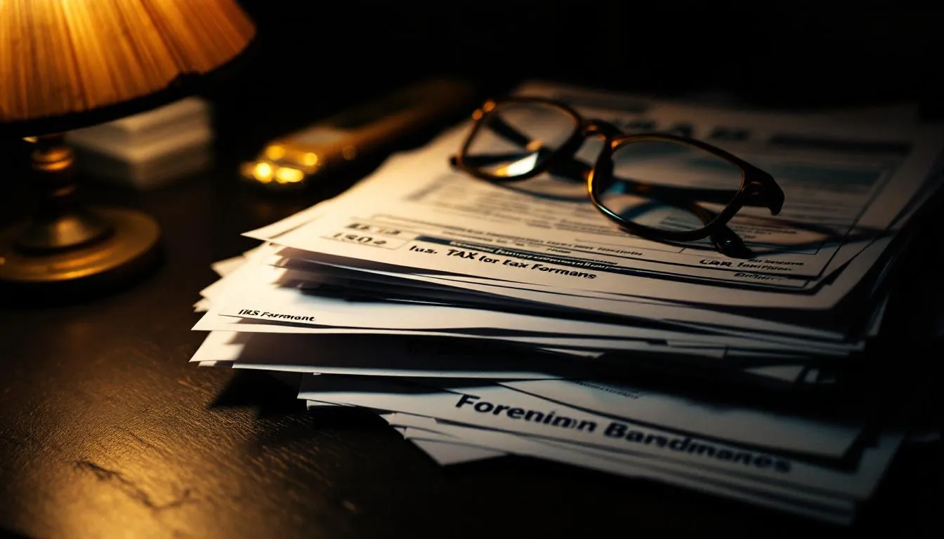 US tax documents, IRS forms, and foreign bank statements on a desk